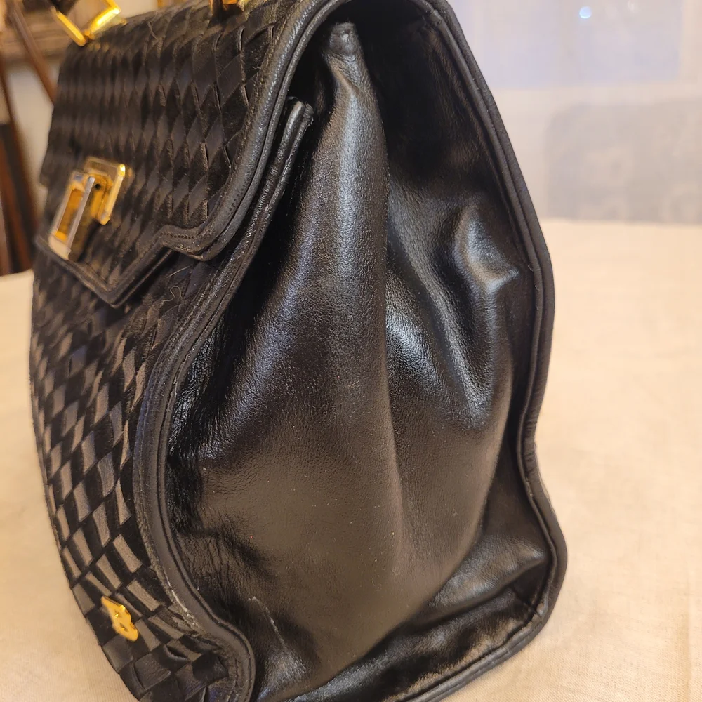 Bally Black Woven Leather Top-Handle Satchel with Gold Hardware $850
